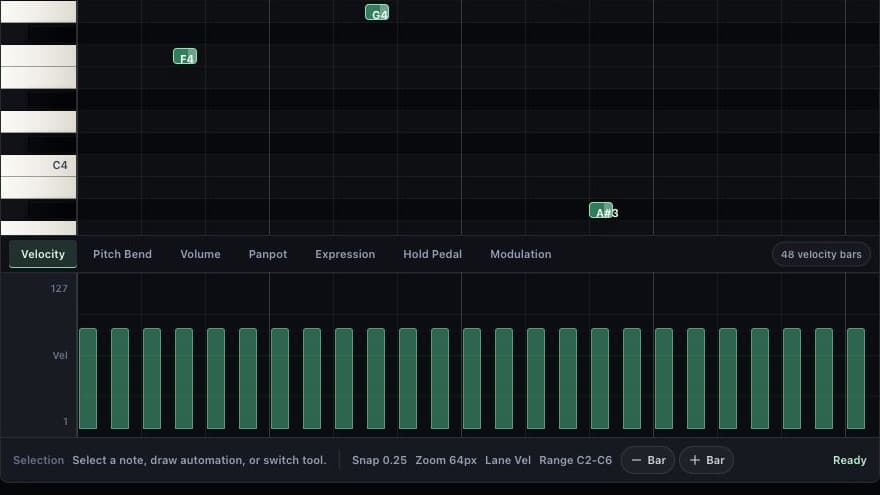 Controller lane in AIMusicGens MIDI Editor showing velocity bars and MIDI controller tabs