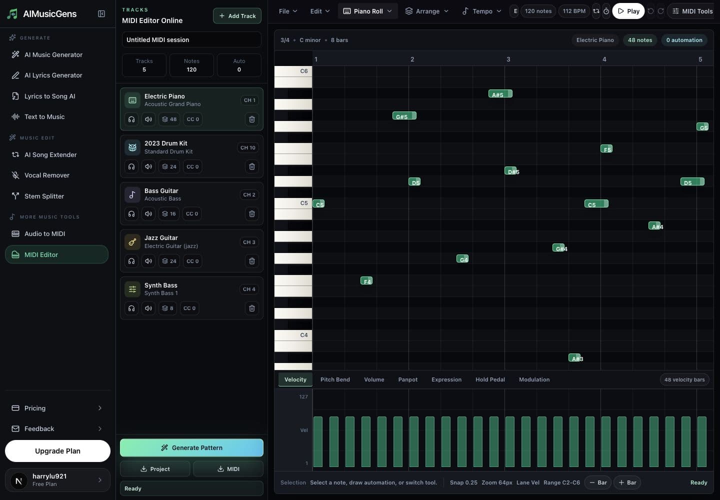AIMusicGens MIDI Editor showing multi-track controls, piano roll notes, and velocity controller lane