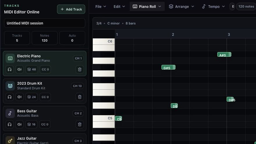 Track rail in AIMusicGens MIDI Editor showing instruments, MIDI channels, note counts, solo, mute, and delete controls