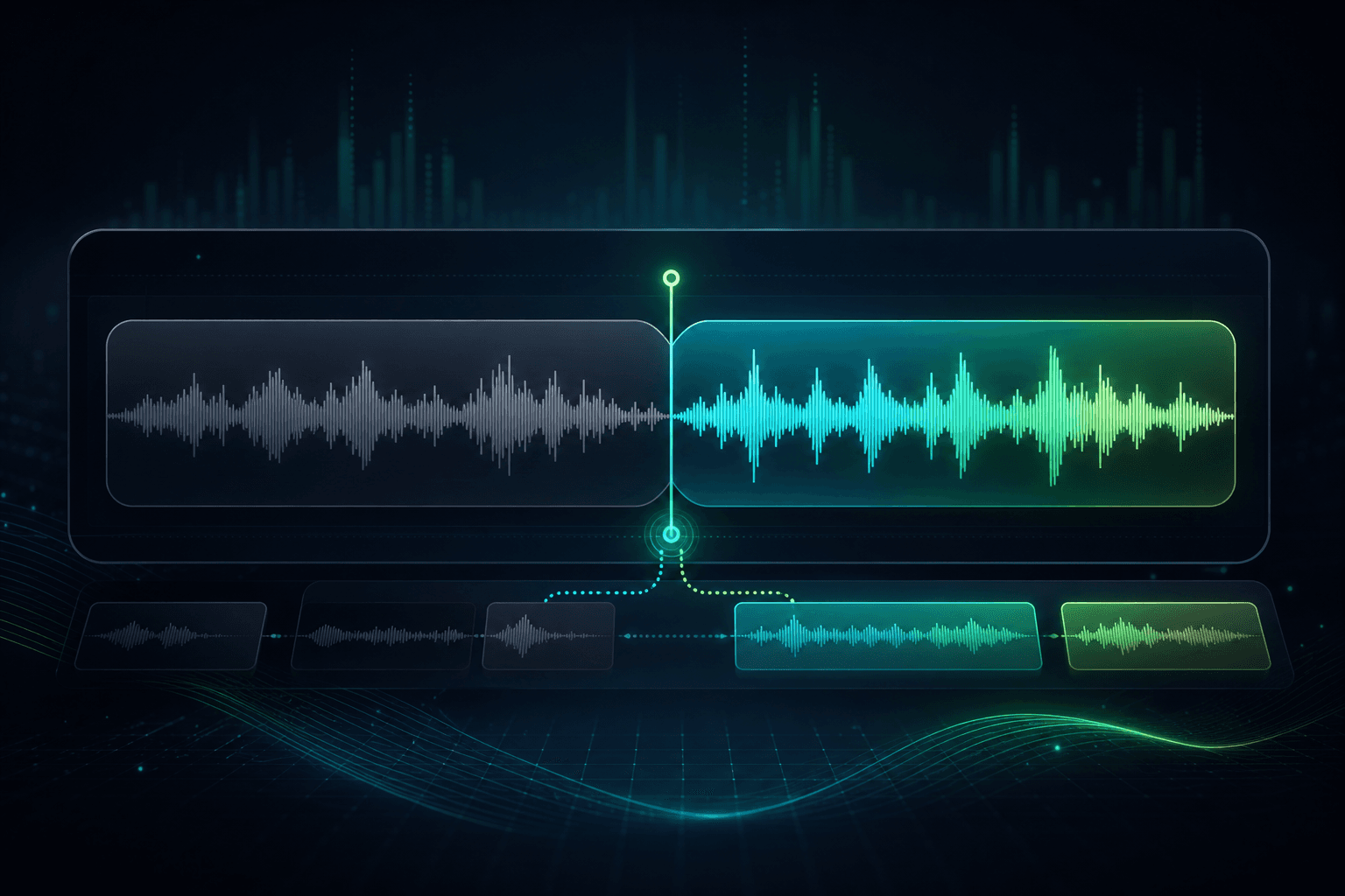 AI Song Extender workflow showing a source waveform, continuation point, and newly generated section